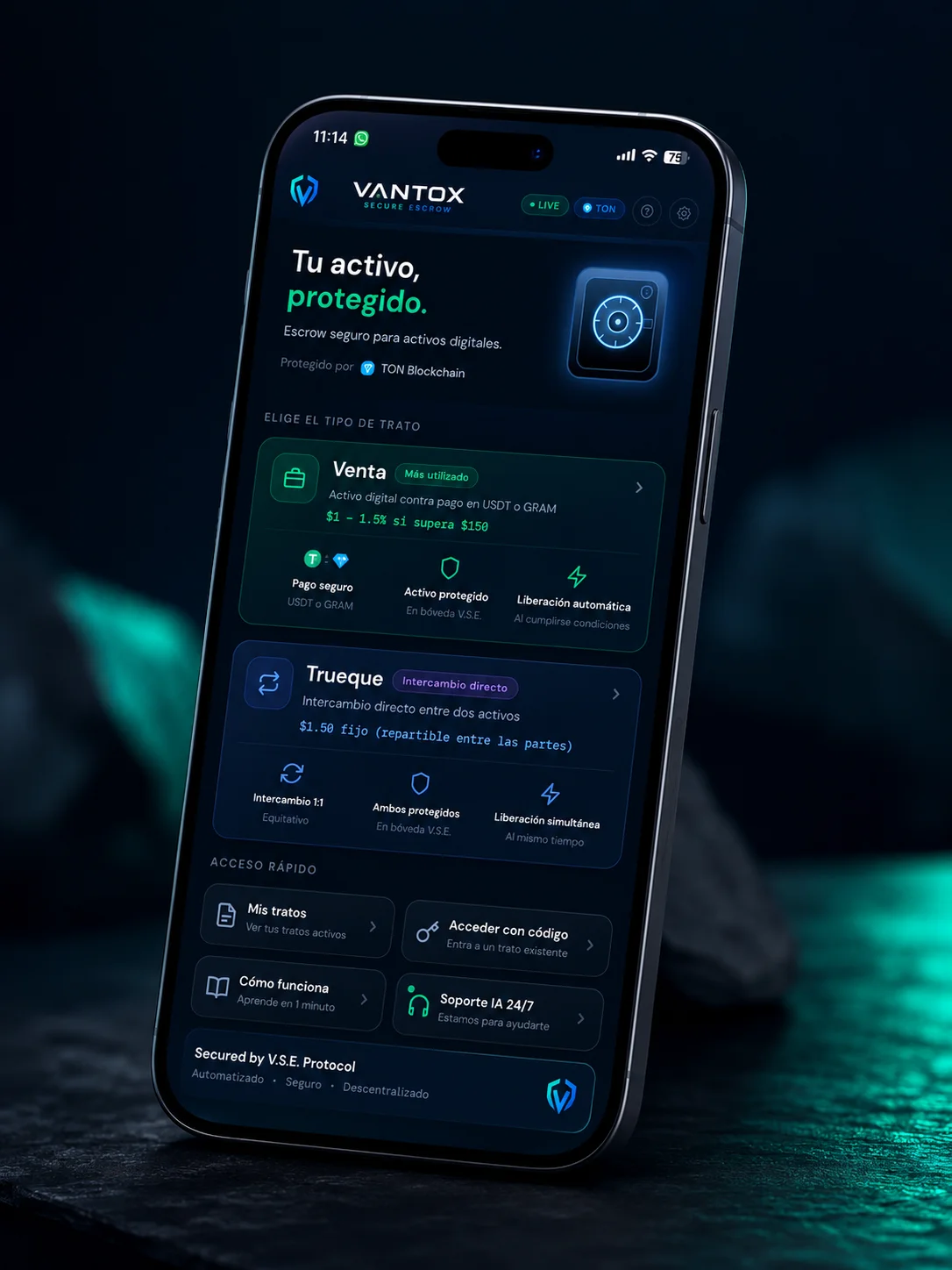 The Vantox Mini App home screen on a phone, showing the Sale and Swap deal types