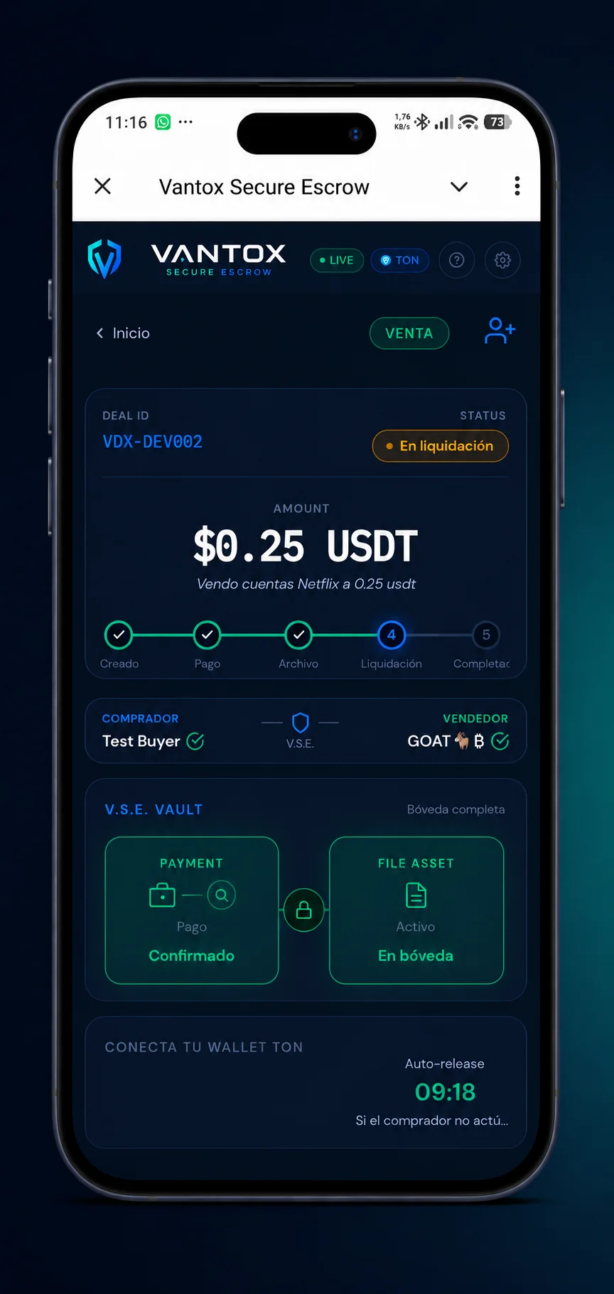 Vantox vault screen: payment confirmed and file secured in the vault
